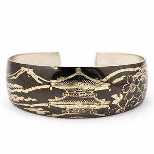 Vintage Sterling Silver Niello Cuff Bracelet Gold Etched Boho Statement Artisan